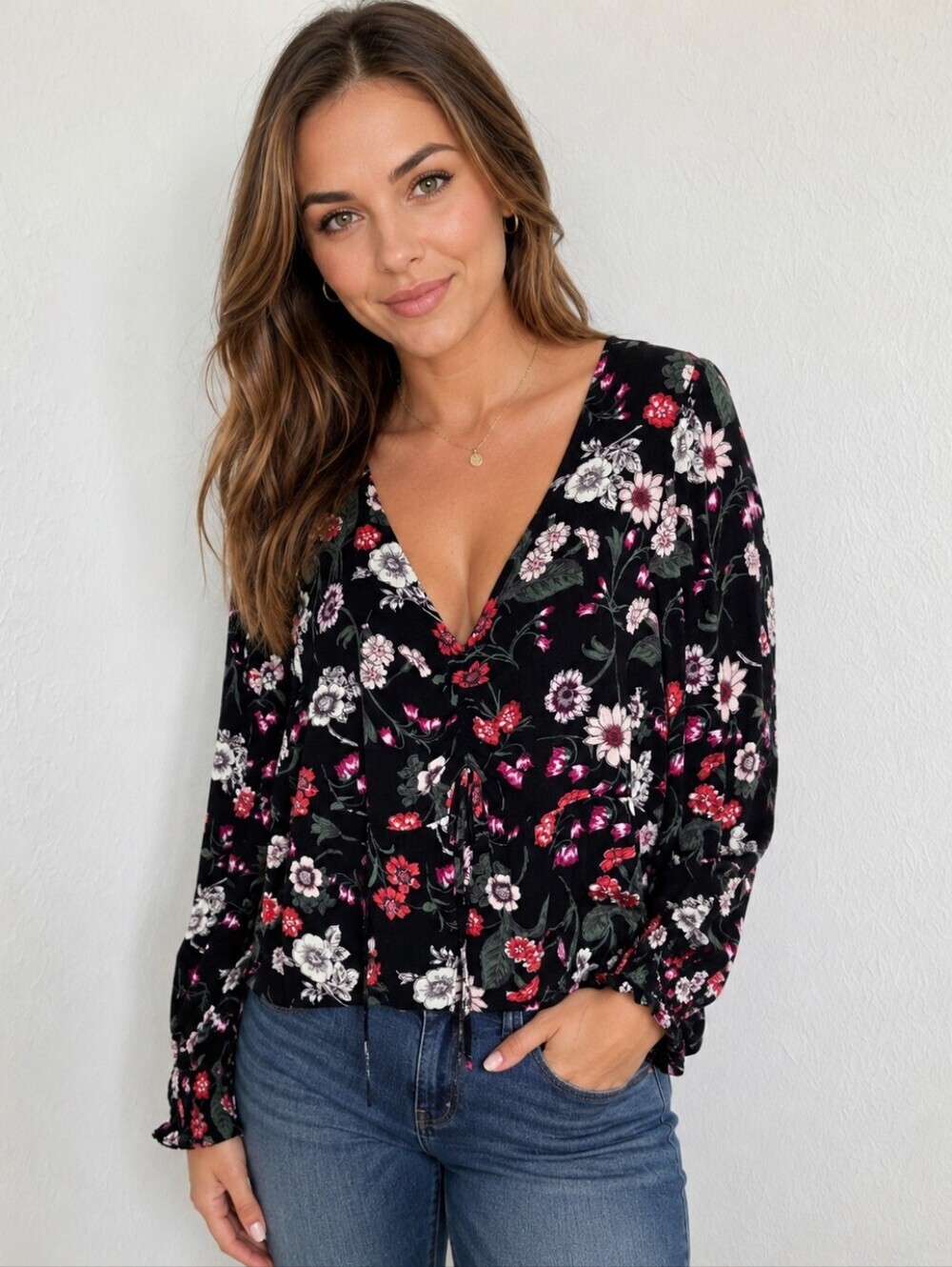Aeropostale Black V-Neck Long Sleeve Top with Red, Pink, White Flowers, Sz Large